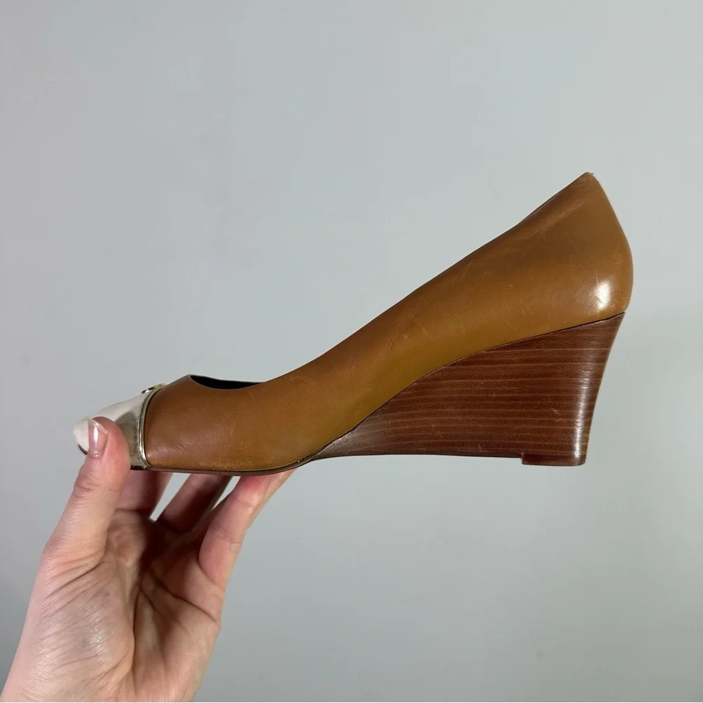 Tory Burch Brown White Leather Round Toe Stacked Wooden Wedge Heels